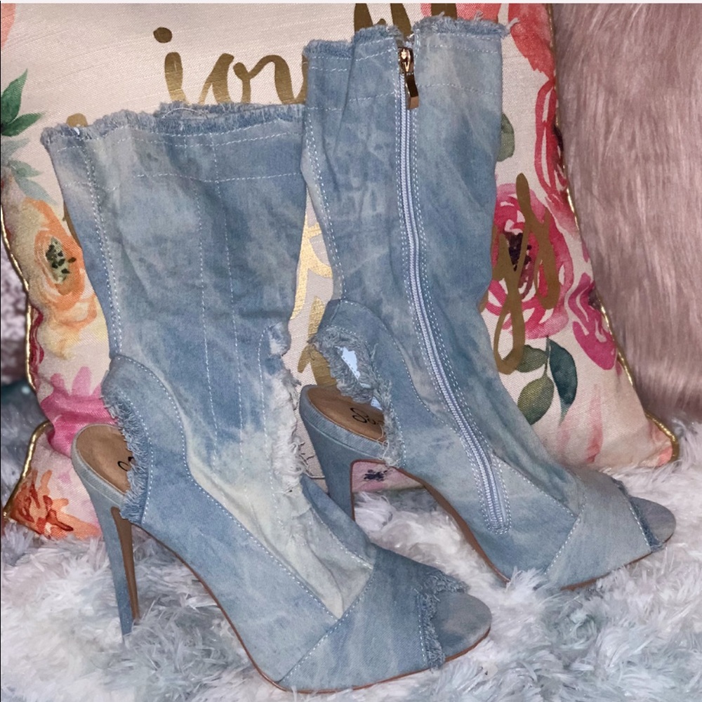 Distressed Denim•Peep-Toe•Heeled Bootie - Picture 6 of 8